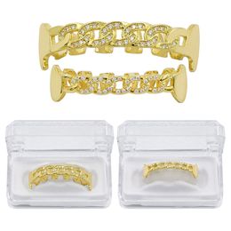 18k Real Gold Silver Plated Iced Out CZ HipHop Teeth GRILLZ Caps Top Bottom Grill Set vampire teeth Party Gift