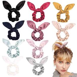 Bunny Ears Hairband Shiny Knot Bow Hair Rope Silk Scrunchies Hair Band Gum Girls Ponytail Holder Hair Accessories 12 Colours