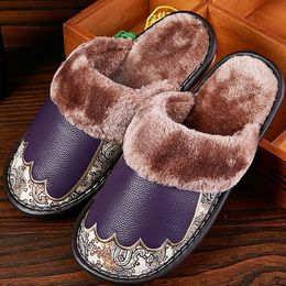 Genuine Leather Retro Female Slippers Sewing embroider Home Slippers women Flannel Warm furry soft slippers Memory foam Y201026