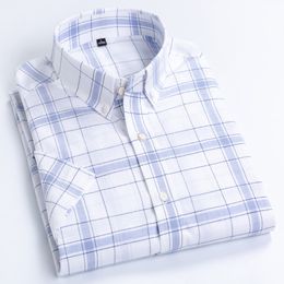 Men's 100% Cotton Plaid Striped Short Sleeve Shirt Single Patch Pocket Button-down Holiday Summer Casual Checkered Thin Shirts C1210