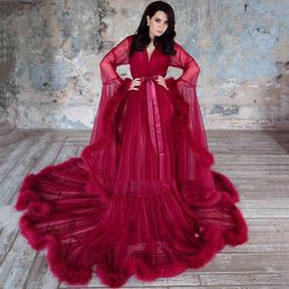 Long Sleeves Feather Tulle Evening Dresses Sexy Burgundy Formal Party Prom Dress Plus Size Custom Made Robe De Soiree