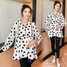 9398# Maternity Clothes Spring Autumn v-neck Dot Printing Long Sleeves Easy Matching Loose Stylish Dress for Pregnant Women LJ201120