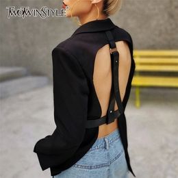 TWOTWINSTYLE Casual Patchwork Women Blazer Notched Long Sleeve High Waist Sexy Backless Blazers For Female Fashion Clothing New 201114