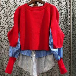 Spring New Fashion Loose Sweater Shirt Large Size Korean Version Plaid Striped Shirt Patch Knitted Sweater Pullovers Junper 201109