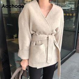 Aachoae Women Solid Woolen Coat Elegant V Neck Bandage Jacket Female Batwing Long Sleeve Loose Pocket Coat Lady Outerwear 201216