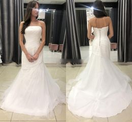 2021 Simple Mermaid Wedding Dresses Strapless Tulle Sweep Train Corset Back Custom Made Plus Size Wedding Bridal Gown vestido de novia