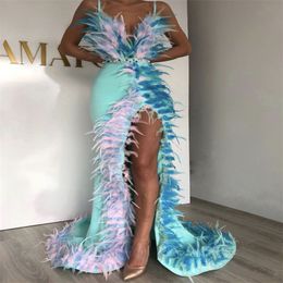 Sexy Modern Evening Dresses Spaghetti Strap Ostrich Feather Colourful Prom Dresses Sweep Train Side Split Mermaid Pageant Party Dress