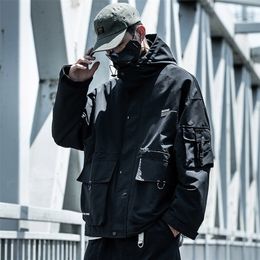 Letter Black Multi-pocket Men's Hip Hop Cargo Jackets Coats Streetwear Cardigan Zipper Casual Techwear Hooded Men Outerwear Top 201218
