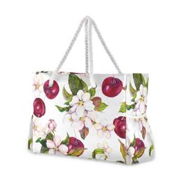 Shopping Bags New Women Nylon Cherry Flowers And Cherry Berries Shoulder Bag Female Large Capacity Ladies Beach Bag Girls Shopping Handbag 220310