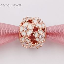 No color fade off Solid Rose Gold Meadow White Enamel & Clear CZ Pandora Charms for Bracelets DIY Jewlery Making Loose Beads Silver Jewelry wholesale 781488EN12