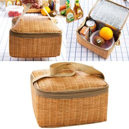 New Imitation Rattan Plaited Portable Insulated Thermal Cooler Lunch Box Canvas Lunch Bag Food Picnic Bags For Adult Children C0125