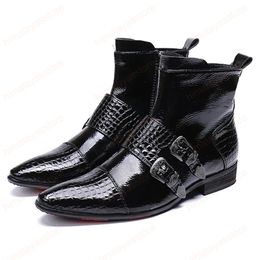 Italian Alligator Man Monk Footwear Pointed Toe Punk Shoes Patent Leather Men's Ankle Boots