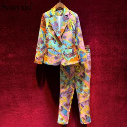 Svoryxiu Autumn Winter Designer Fashion Two Piece Set Women's Colourful Chain Print Blazer + Pants Elegant Twinset 201119