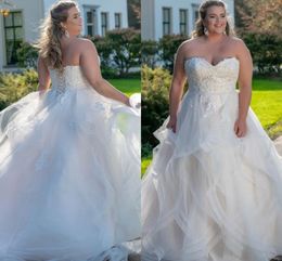 Plus Size Wedding Dress Tiered Sweetheart lace-up corset Backless Sleeveless Appliques Sequined Floor Length Sweep Train Bride Gown New