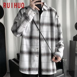 RUIHUO Plaid Shirts For Men Clothing Fashion Long Sleeve Shirt Harajuku s Casual Slim Fit M-3XL 220312