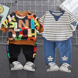 Spring Autumn Boy Baby Clothes Set Kid Cottonl Striped Top T-Shirt Pants 2 Pieces Set Casual Long Sleeve Sport Outfits Suit 201127