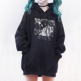 Harajuku Cartoon Anime Girl Print Women Hoodies Gothic Punk Oversize Velvet Hooded Sweatshirt Pullover Streetwear Hoody 201217