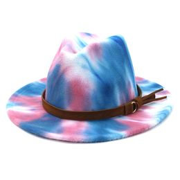 Tie dye Jazz Cap Women Men Wide Brim Hats Formal Hat Man Panama Hat Woman Felt Fedora Caps mens Trilby Lovers Fashion Accessories 2021 NEW