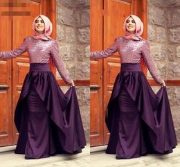 Plus Size Purple Gown Evening Dresses A-line Long Sleeves Satin Sequined bodice Scarf Islamic Arabic Long Prom Dresses P119