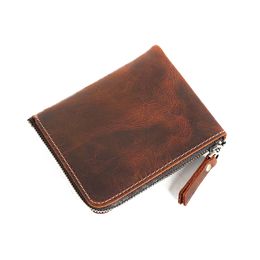 Handmade Retro Leather Short Men's Zipper Wallet Top Layer Cowhide Ultra Thin Wallet Coin Purse