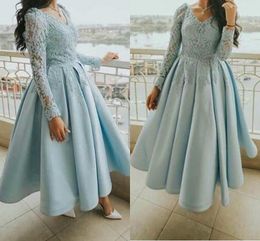 Light Blue Short Prom Dresses Arabic Full Sleeves 2021 V Neck Lace Appliqued Tea Length Midi Formal Evening Gown Cocktail Party Dress AL7929