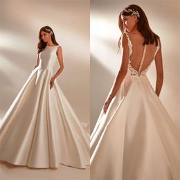 Elegant A Line Wedding Dresses Lace Appliqued Sleeveless Bridal Gowns Boho Ruched Satin Custom Made Sweep Train Robe De Mariee