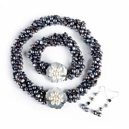 Pearl Jewellery Set Black Nugget Pearls Necklace Bracelet Earrings Five Strands Twisted Freshwater Pearls Womens Jewellery