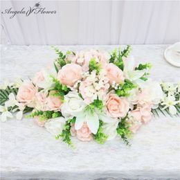 90CM Artificial flower conference table flower row rose lily hydrangea leaf wedding party decor table Centrepieces flower runner Y200903