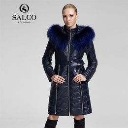 SALCO Free shipping newest popular in Europe and America long raccoon fur hooded leather jacket ladies section 201226