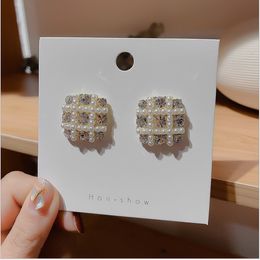 S2005 Fashion Jewellery S925 Silver Post Earrings Faux Pearl Beads Rhinstone Geometric Square Stud Earring