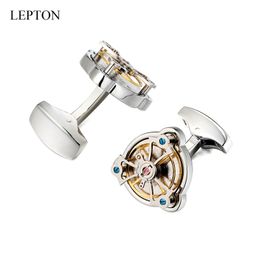 Movement Tourbillon Cufflinks For Mens Wedding Groom Lepton Mechanical Watch Steampunk Gear Cuff Links Relojes Gemelos Y1204221V