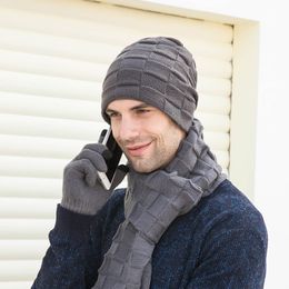 Winter Men Knit Beanie Hat with Neck Warmer Scarf Set 3-Piece Skull Cap Scarf with Fleece Lined with gloves WXY075
