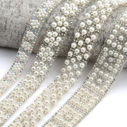 1 Yard/lot ABS Round Pearl Beads Trim rhinestone Decoration Strass Ribbon Crystal Appliques for Clothes Shoes Making