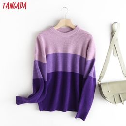 Tangada Women Elegant Oversized Purple Block Colour Knitted Sweater jumper Female Oversize Pullovers Chic Tops 1M12 201111