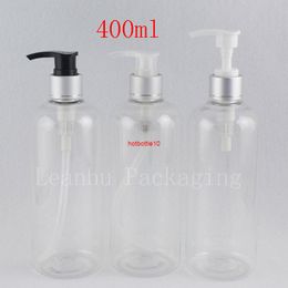 400cc Shampoo Bottle Transparent Plastic Silver Aluminium Collar Dispenser Liquid Soap Lotion Containers Pump 400mlshipping