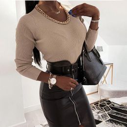 Women's Sweaters Chain Decoration O-Neck Stripe Sweater Solid Black Long Sleeve Slim Sexy Ladies Streetwear Spring Autumn Top Fashion