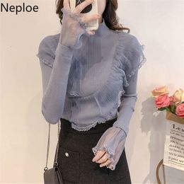 Neploe Fall Women Lace Patchwork Ruffles Sweaters New Korean Clothes Half Turtleneck Slim Fit Knit Pullovers Sweet Sueter 201130