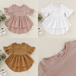Solid Colour Dress Toddler Flare Sleeve Fashion Simplicity Versatile Children Baby Girl Dresses Summer Hot Sale 24tya K2