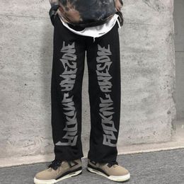 Casual gothic punk pants men clothes bottom Korean wild loose wide-leg elastic waist dark letter print sports trousers streetwea LJ201103