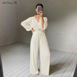 Mnealways18 Beige Pleated Wide Leg Pants Women'S Pants Fashion Casual Loose Trousers Office Lady Elegant Long Palazzo Pants 201031