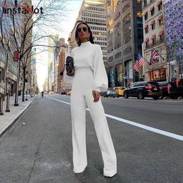 InstaHot Puff Elegant Women Two Piece Set Puff Long Sleeve and Flare Pants Autumn Office Ladies Sets Casual Fashion Sets LJ201126