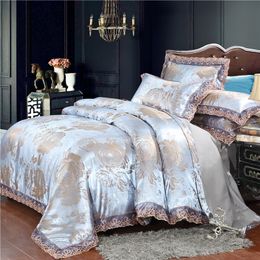 Home textile silver bedding set Jacquard Lace duvet cover set 4pcs bed linen European bed cover luxury golden flat sheet scallop LJ201127