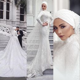New Modern Muslim Mermaid Wedding Dresses Lace Beads Long Sleeves Overskirts Chapel Train High Collar Saudi Arabic Formal Bridal Dress 403