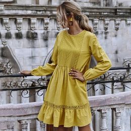 Autumn Winter Casual Lace Patchwork Long Sleeve Dress Women O-neck Ruffles Solid Knee-length Dress New 201027