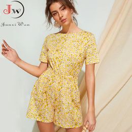 Rompers Women Floral Print Bowknot O-neck Short Sleeve Jumpsuit Summer Sexy Beach Shorts Playsuit Overalls 2020 ropa mujer T200701