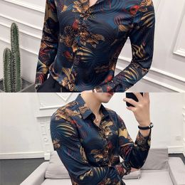 Animal Print Fashion Show Vintage Shirt Men Camisa Masculina Slim Fit Club Party Prom Printed Mens Shirt Chemise Homme C1210