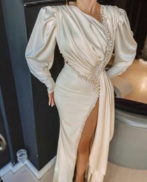 Luxury Evening Dresses Pearls Beaded Long Sleeves Prom Gown Custom Made Floor Length High Split Party Dresses