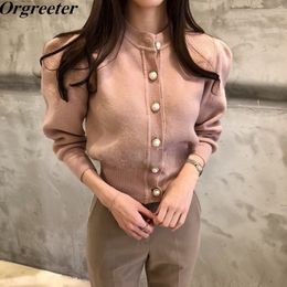 Korean New Fall/Winter Short Slim All-match Ruched Puff Sleeve Pearl Button Knit Sweater Women Knitted Cardigan Jacket 201111