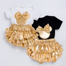 Neugeborene Baby Mädchen Kleidung Sets Sommer Kurzarm Bowtie Strampler + Shorts Kleid + Stirnband Infant Baby Mädchen Kleidung Outfit LJ201223