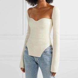 Sexy Knitted Shirt White Side Split Women's Sweater Square Collar Long Sleeve Sweaters Female Autumn Fashion New Clothes 20201